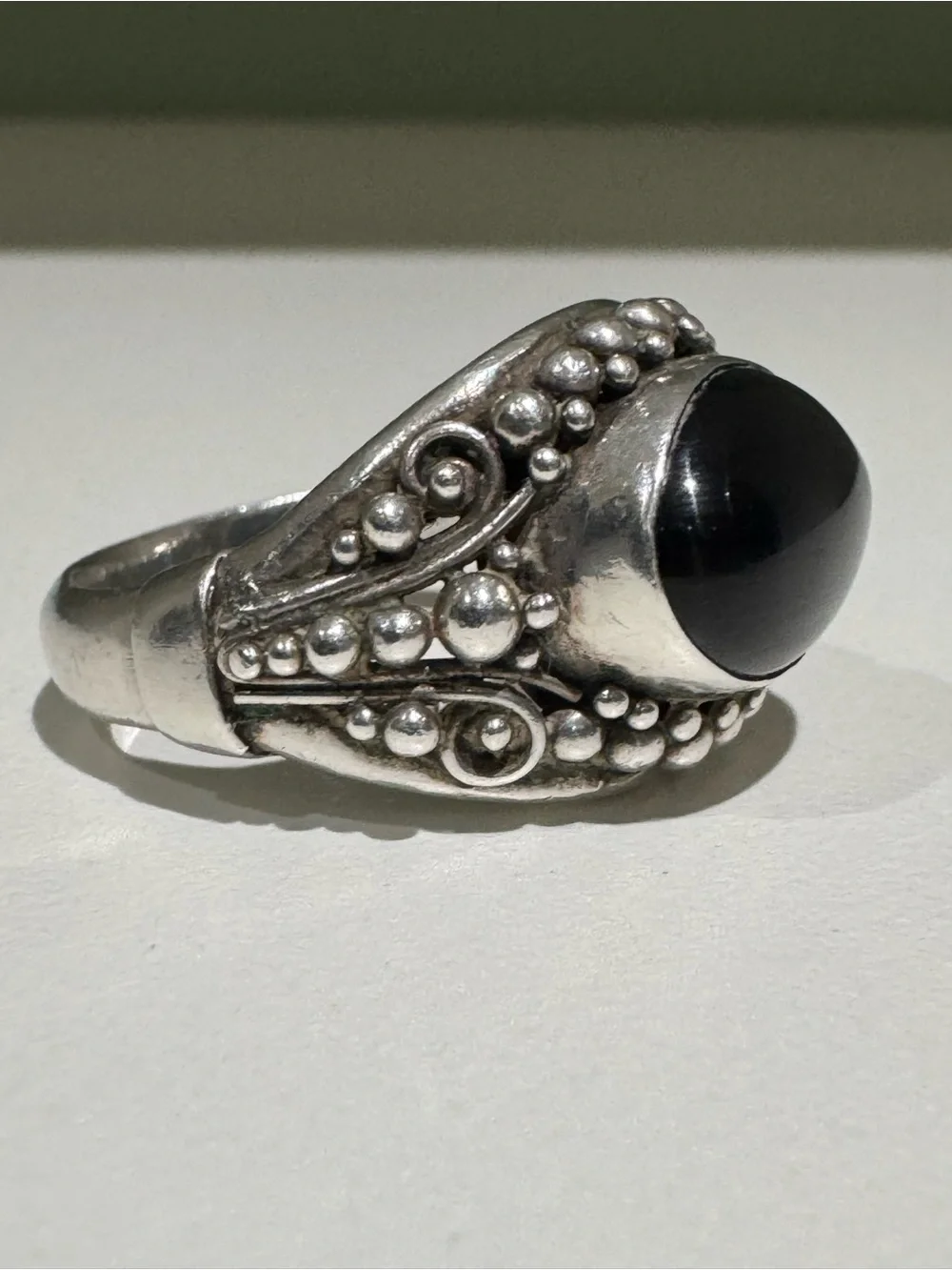 Vintage Balinese Black Onyx Cabochon Sterling Silver Ring